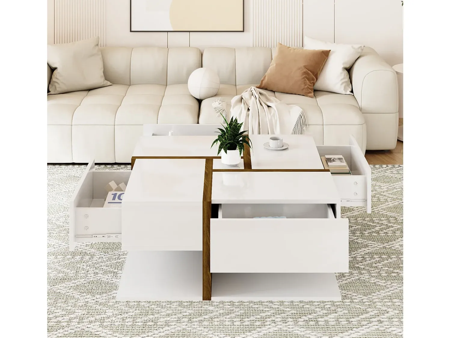 Mesa De Centro|Merax Mesa de centro quadrada com 4 gavetas - 78 x 78 x 34,8 cm - Aglomerado - brilhante Branco