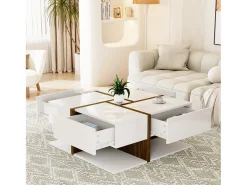 Mesa De Centro|Merax Mesa de centro quadrada com 4 gavetas - 78 x 78 x 34,8 cm - Aglomerado - brilhante Branco