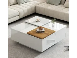 Outlet Hauss Spole Mesa de centro quadrada com 4 gavetas - Tampo deslizante pequeno - Acabamento brilhante - Branco