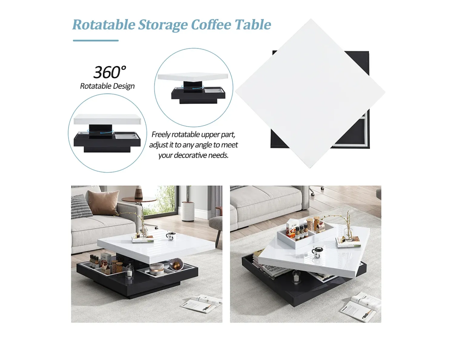 Hot Mesa de centro quadrada com rotação de 360 graus e compartimento de armazenamento, preta e branca. Preto