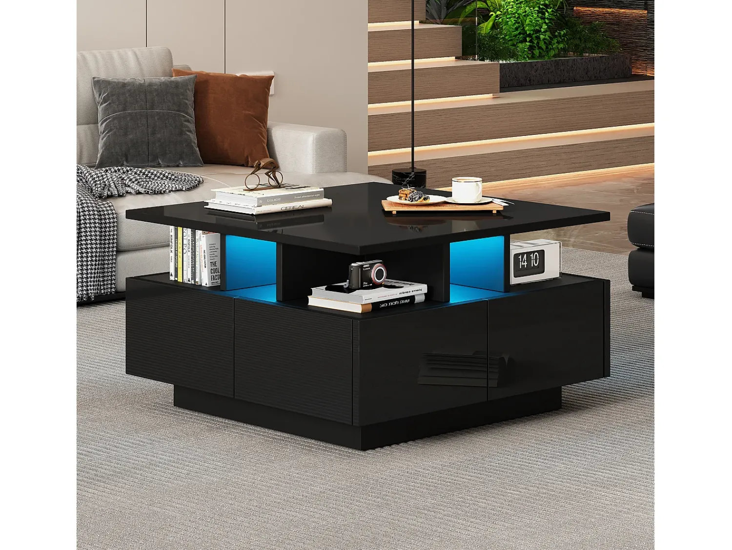 New Hauss Spole Mesa de centro quadrada com 4 gavetas e iluminação LED - Acabamento em brilhante Preto