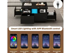 New Hauss Spole Mesa de centro quadrada com 4 gavetas e iluminação LED - Acabamento em brilhante Preto