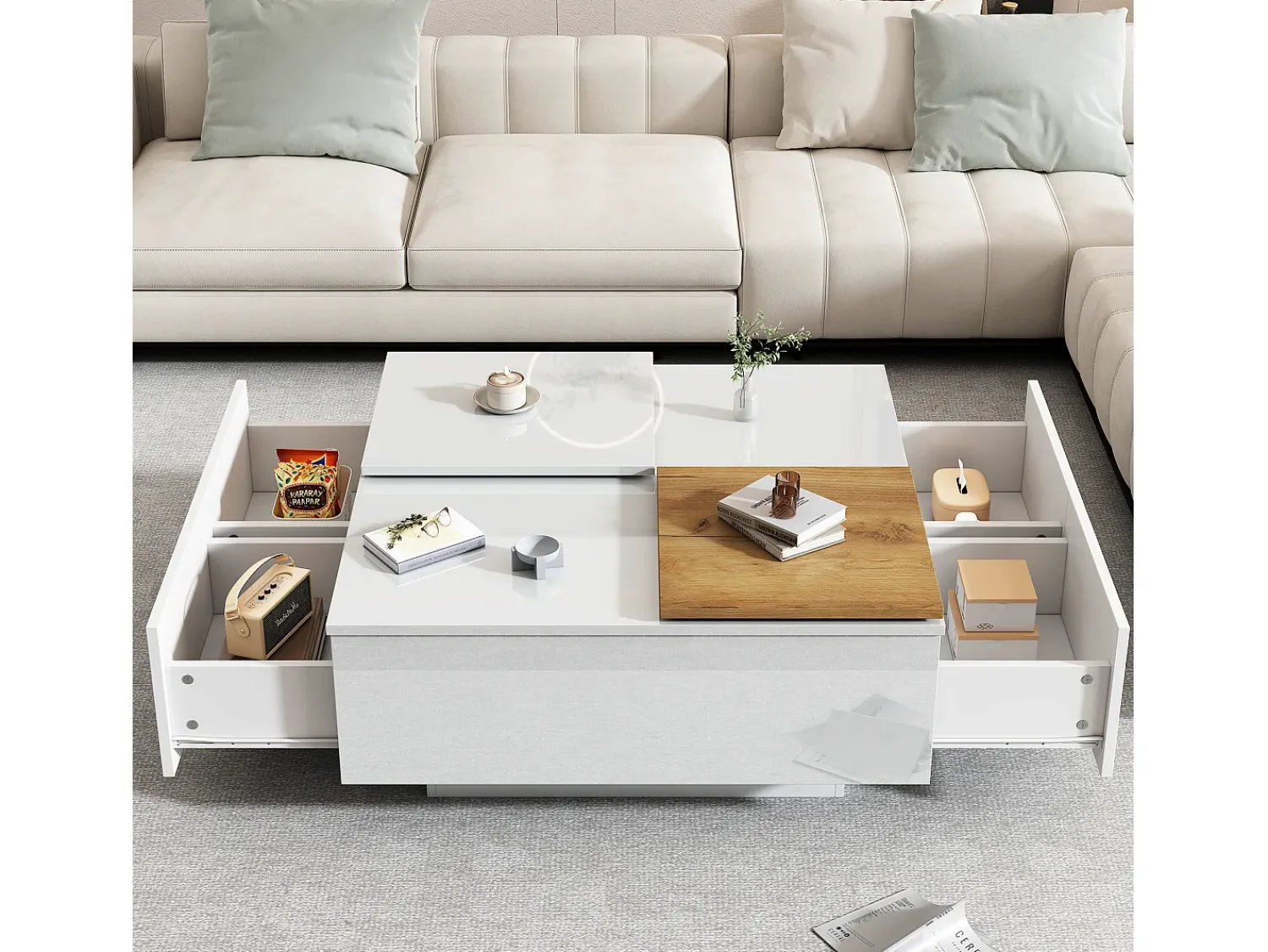 Mesa De Centro|Merax Mesa de centro quadrada com 4 gavetas e 2 bandejas deslizantes pequenas - 75 x 75 x 33,5 cm - Aglomerado - Branco