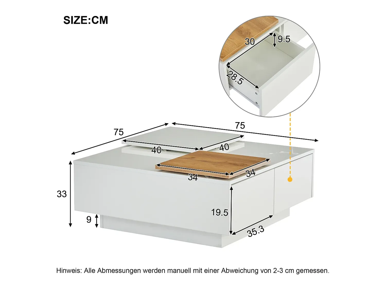 Mesa De Centro|Merax Mesa de centro quadrada com 4 gavetas e 2 bandejas deslizantes pequenas - 75 x 75 x 33,5 cm - Aglomerado - Branco