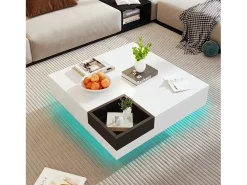 Mesa De Centro*Merax Mesa de centro quadrada com caixa de armazenamento removível - 72 x 72 x 30 cm - aglomerado - padrão mármore - Branco