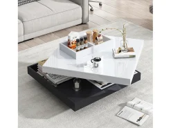 Mesa De Centro|Merax Mesa de centro quadrada com 4 compartimentos e tampo giratório - 70 x 70 x 36 cm - Aglomerado - + branco Preto