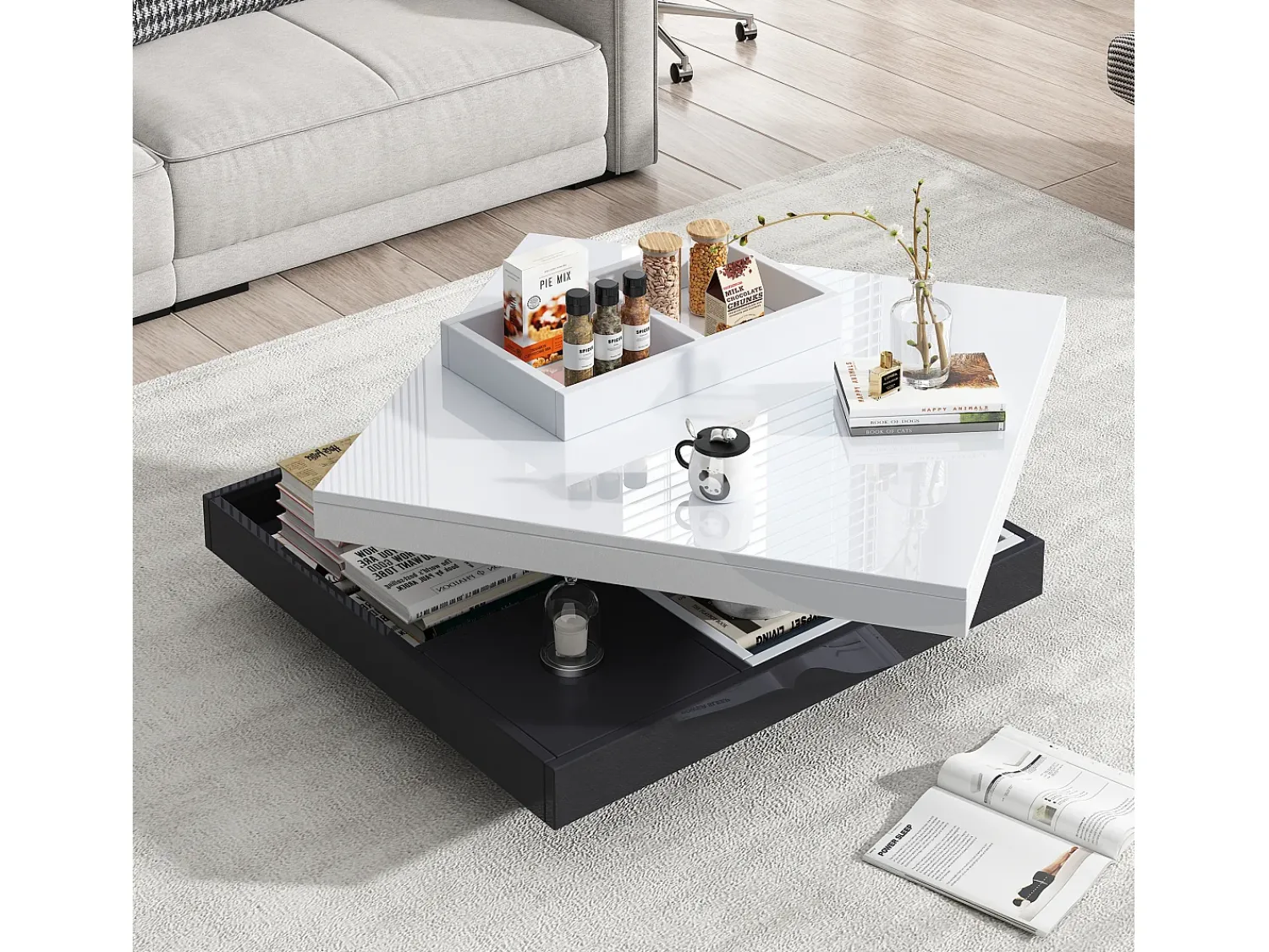 Mesa De Centro|Merax Mesa de centro quadrada com 4 compartimentos e tampo giratório - 70 x 70 x 36 cm - Aglomerado - + branco Preto