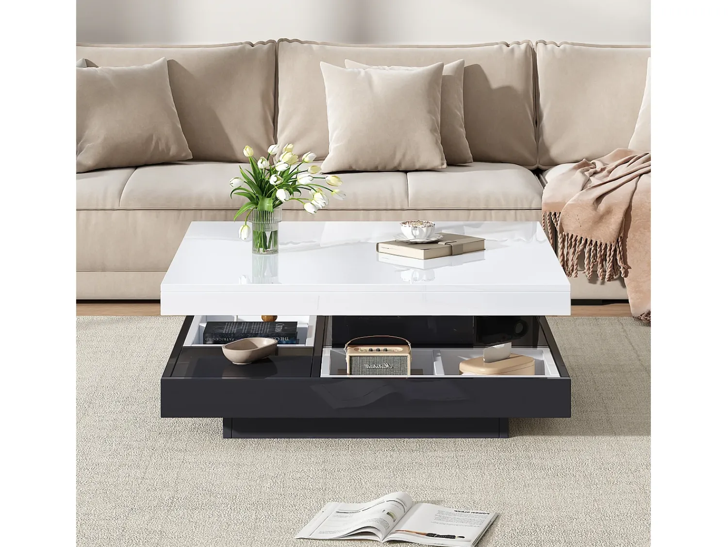Mesa De Centro|Merax Mesa de centro quadrada com 4 compartimentos e tampo giratório - 70 x 70 x 36 cm - Aglomerado - + branco Preto