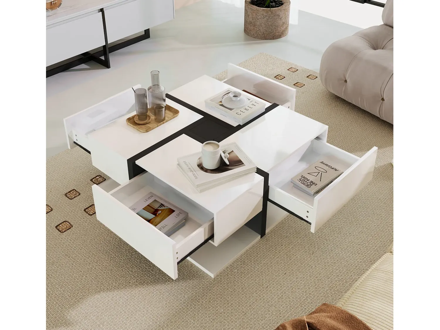 Mesa De Centro* Mesa de centro quadrada de alto brilho, com 4 gavetas, design exclusivo, espaço de arrumação na parte inferior, 78x78x36cm, branca Branco
