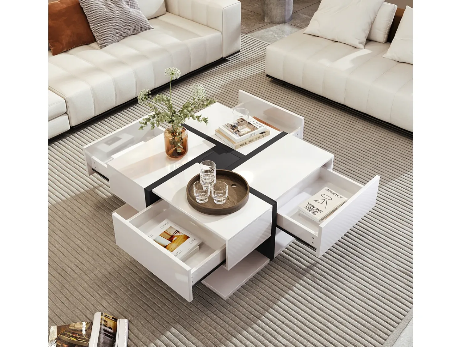 Mesa De Centro* Mesa de centro quadrada de alto brilho, com 4 gavetas, design exclusivo, espaço de arrumação na parte inferior, 78x78x36cm, branca Branco