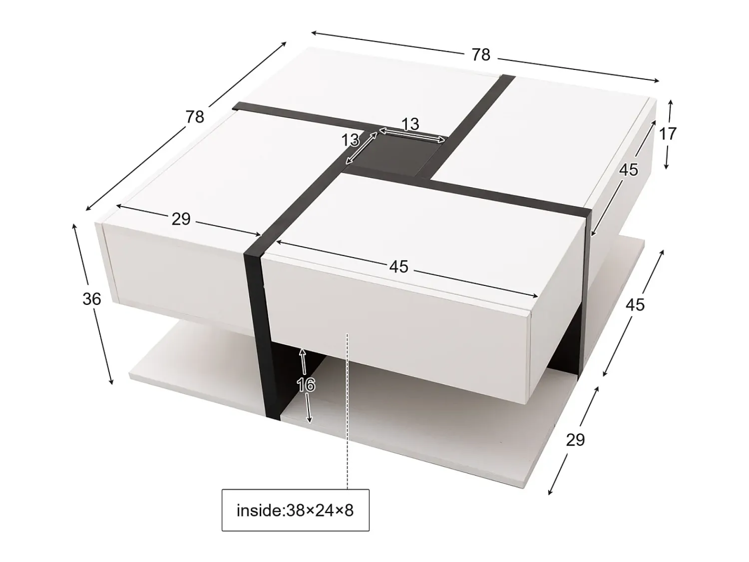 Mesa De Centro* Mesa de centro quadrada de alto brilho, com 4 gavetas, design exclusivo, espaço de arrumação na parte inferior, 78x78x36cm, branca Branco