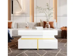 Mesa De Centro| Mesa de centro quadrada em e dourado, mesa de centro para sala de estar com 2 gavetas e detalhes dourados na parte inferior. Branco