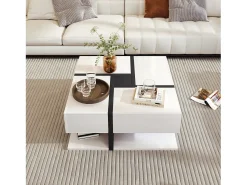 New Merax Mesa de centro quadrada em alto brilho com 4 gavetas, Aglomerado, , 78 x 78 x 36 cm Branco