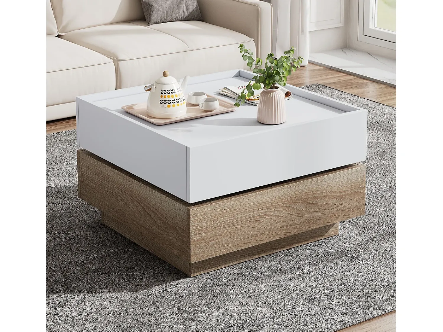 ModernLuxe Mesa de centro quadrada giratória 360° - com 2 gavetas - 60x60x38 cm - Branco e Natural^ Mesa De Centro
