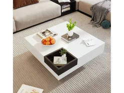 Mesa De Centro| Mesa de centro quadrada LED 72x72x30 cm, mesa de sala, mesa de apoio com caixa de arrumação amovível, cor Branco