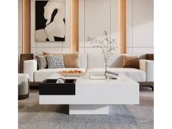 Mesa De Centro| Mesa de centro quadrada LED 72x72x30 cm, mesa de sala, mesa de apoio com caixa de arrumação amovível, cor Branco