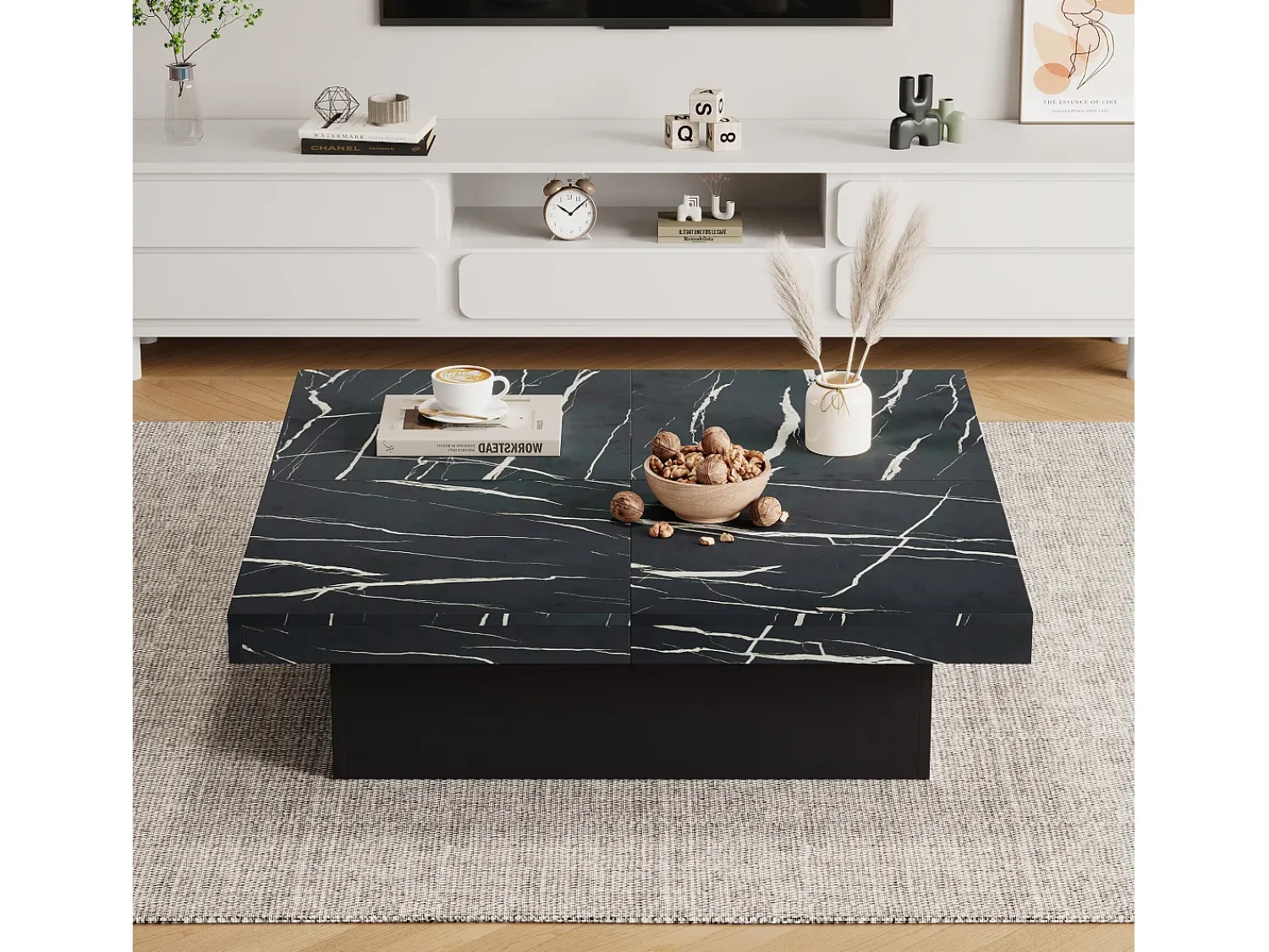 ModernLuxe Mesa de centro quadrada moderna - efeito mármore - 90x90x25 cm - 4 gavetas deslizantes -^ Mesa De Centro