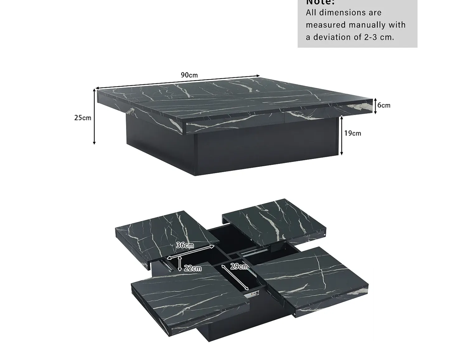 ModernLuxe Mesa de centro quadrada moderna - efeito mármore - 90x90x25 cm - 4 gavetas deslizantes -^ Mesa De Centro