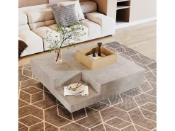 Mesa de centro quadrada moderna com caixa de armazenamento removível, mesa lateral em madeira e cinza.^ Mesa De Centro