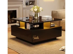 Mesa de centro quadrada preta - Mesa de centro com iluminação LED e 4 gavetas - Arrumação aberta Preto