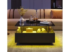 Mesa De Centro|Hauss Spole Mesa de centro quadrada 70x70x41cm com 2 gavetas e LED, corpo em laca preta brilhante Preto