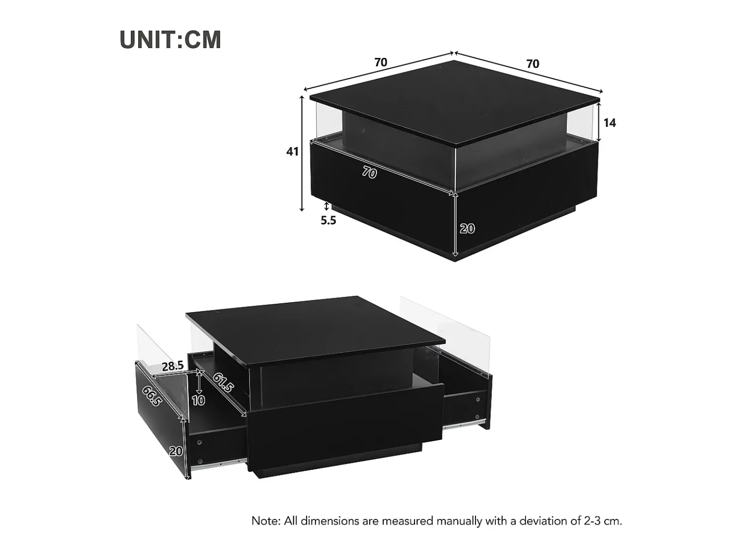 Mesa De Centro|Hauss Spole Mesa de centro quadrada 70x70x41cm com 2 gavetas e LED, corpo em laca preta brilhante Preto