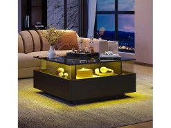 Mesa De Centro|Hauss Spole Mesa de centro quadrada 70x70x41cm com 2 gavetas e LED, corpo em laca preta brilhante Preto