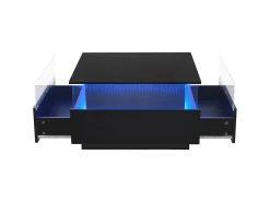 Mesa De Centro|Hauss Spole Mesa de centro quadrada 70x70x41cm com 2 gavetas e LED, corpo em laca preta brilhante Preto
