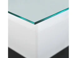 Mesa De Centro| Mesa de centro quadrada 80x80x40cm, tampo em vidro brilhante, mesa LED com rodízios giratórios, Branco+ Preto