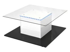 Mesa De Centro| Mesa de centro quadrada 80x80x40cm, tampo em vidro brilhante, mesa LED com rodízios giratórios, Branco+ Preto