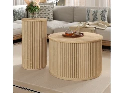 Mesa De Centro*Hauss Spole Mesa de centro redonda - Conjunto de 2 - Riscas verticais - Cor madeira - Para sala e quarto Natural claro
