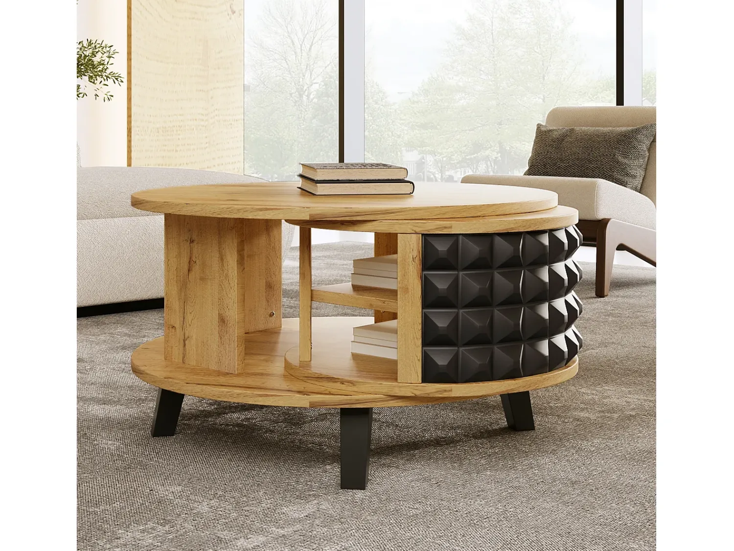 Mesa De Centro* Mesa de Centro Redonda - Mesa Giratória com Prateleira Interna Oculta, Perna em Preto - 85,2x80x45,2cm - Natural Natural claro