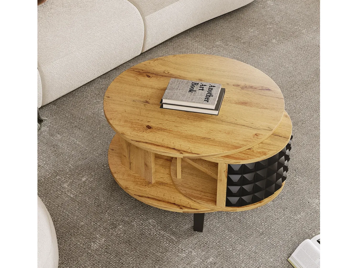 Mesa De Centro* Mesa de Centro Redonda - Mesa Giratória com Prateleira Interna Oculta, Perna em Preto - 85,2x80x45,2cm - Natural Natural claro