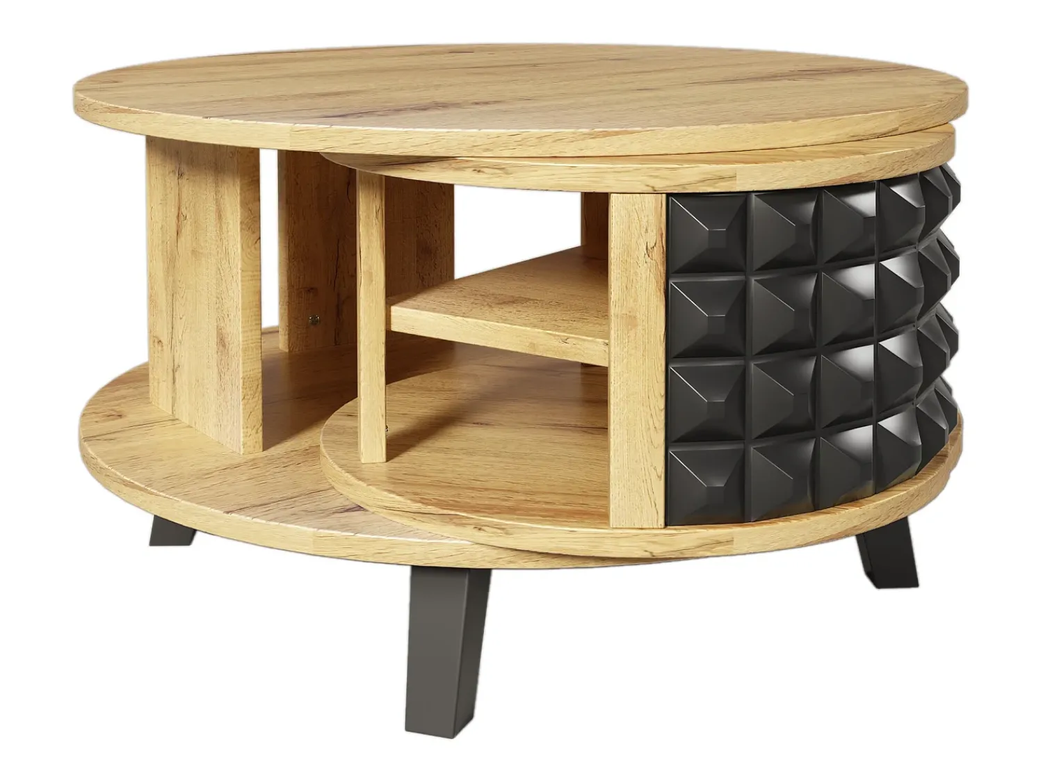 Mesa De Centro* Mesa de Centro Redonda - Mesa Giratória com Prateleira Interna Oculta, Perna em Preto - 85,2x80x45,2cm - Natural Natural claro