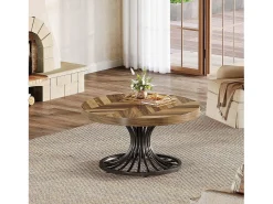 Tribesigns Mesa de centro redonda em madeira, mesa de centro circular de 80 cm com pedestal em metal, mesa de centro industrial exclusiva, castanho rústico e preto^ Mesa De Centro