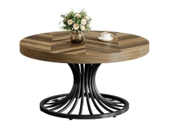 Tribesigns Mesa de centro redonda em madeira, mesa de centro circular de 80 cm com pedestal em metal, mesa de centro industrial exclusiva, castanho rústico e preto^ Mesa De Centro