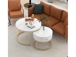 Hauss Spole Mesa de centro redonda empilhável com gaveta - Padrão de mármore brilhante - e dourado^ Mesa De Centro