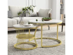 Hot Mesa de centro redonda moderna com encaixe - Estrutura de metal, Mesa grande 70x45 cm, Mesa pequena 45x40 cm Amarelo