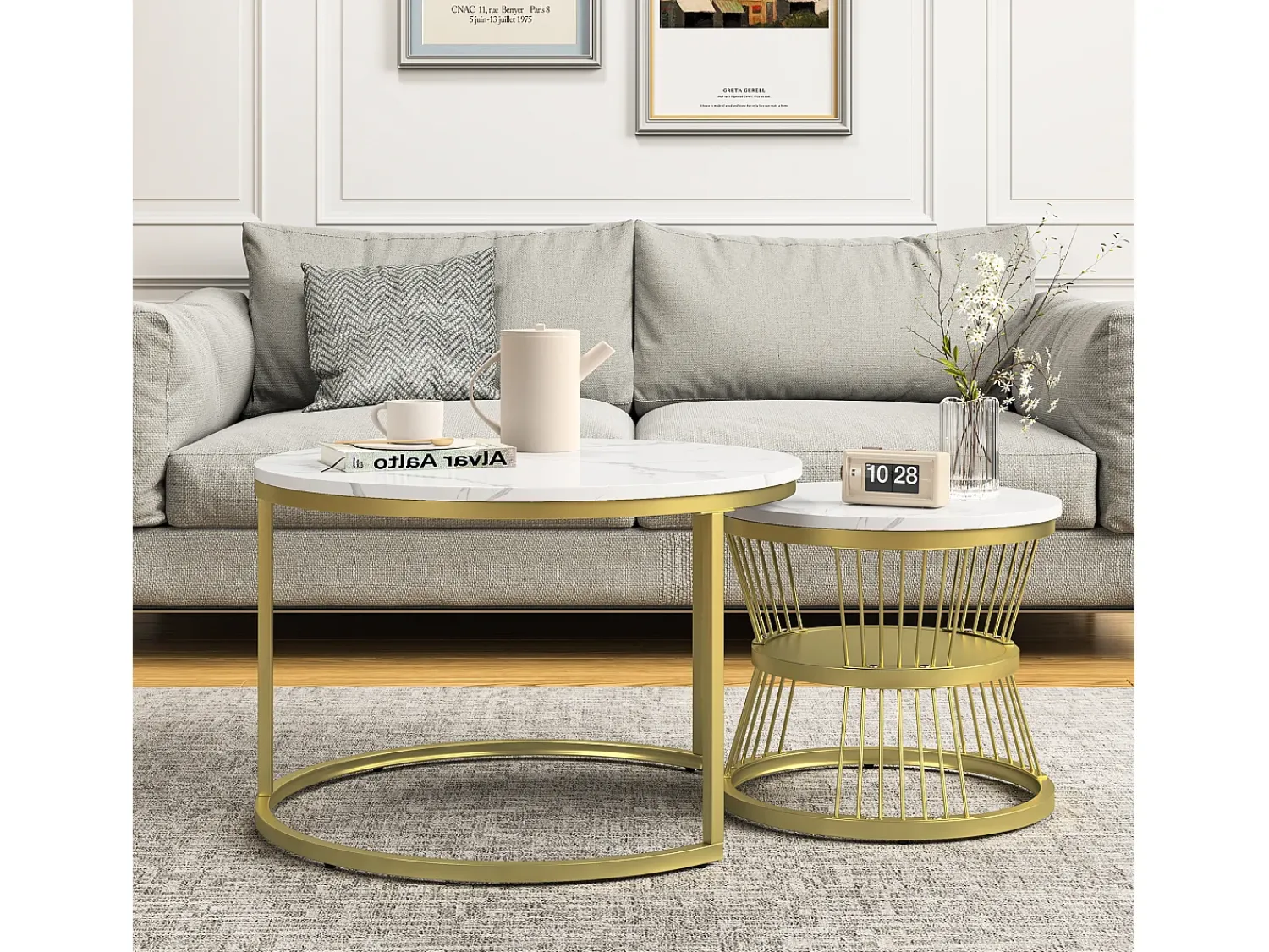 Hot Mesa de centro redonda moderna com encaixe - Estrutura de metal, Mesa grande 70x45 cm, Mesa pequena 45x40 cm Amarelo