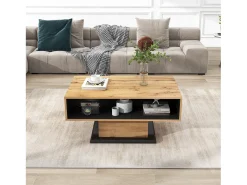 Sale Mesa de centro retangular em carvalho e antracite, 100 cm (comprimento) x 60 cm (largura) x 47 cm (altura), com gaveta e 2 prateleiras. Natural claro