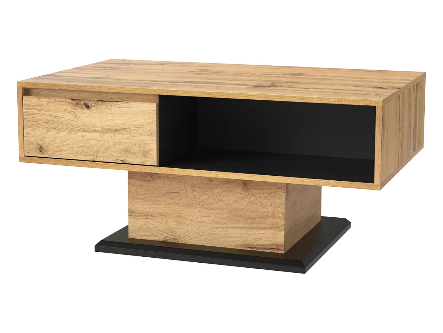 Sale Mesa de centro retangular em carvalho e antracite, 100 cm (comprimento) x 60 cm (largura) x 47 cm (altura), com gaveta e 2 prateleiras. Natural claro