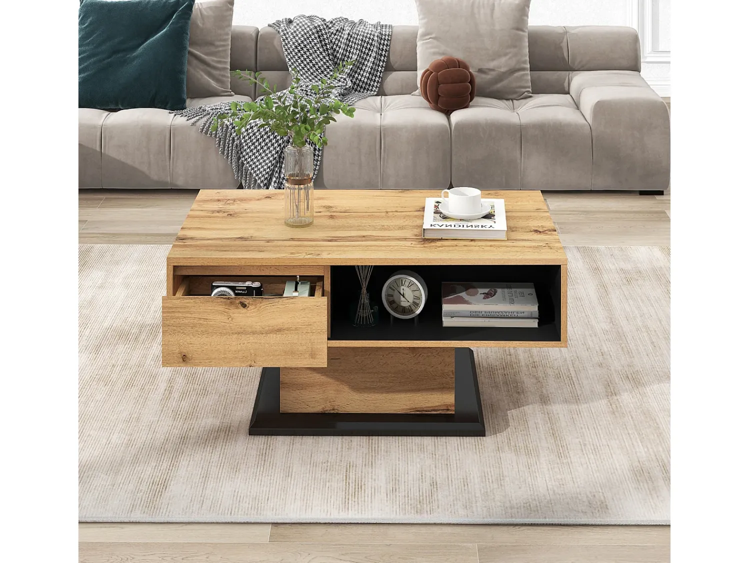 Sale Mesa de centro retangular em carvalho e antracite, 100 cm (comprimento) x 60 cm (largura) x 47 cm (altura), com gaveta e 2 prateleiras. Natural claro