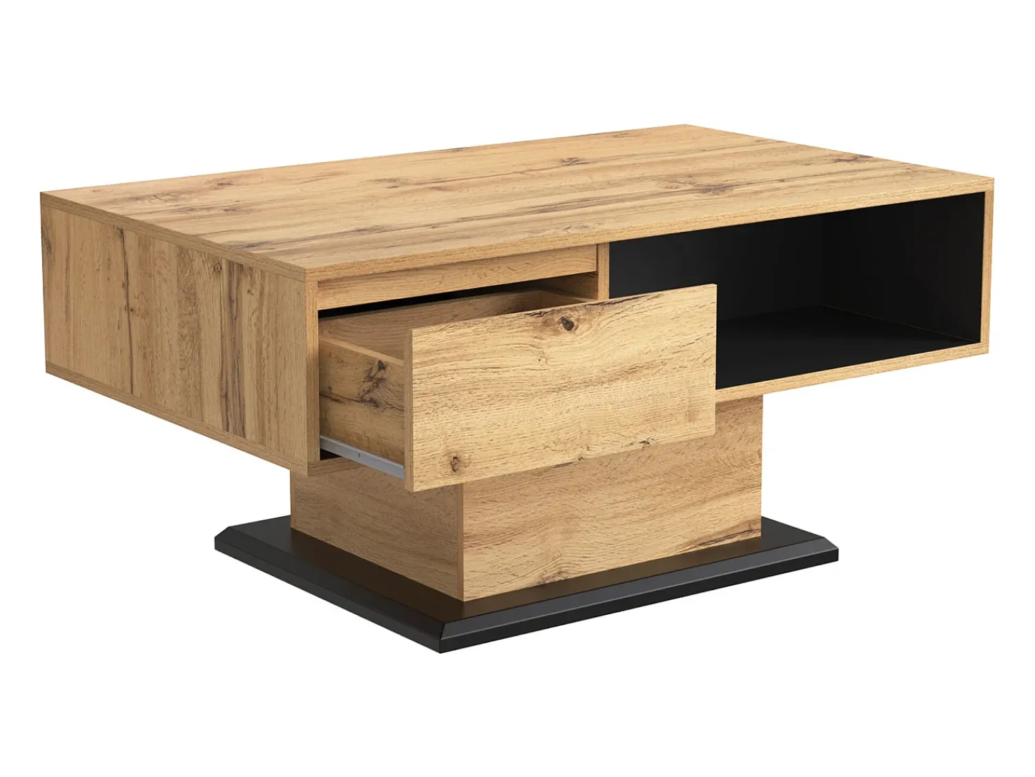 Sale Mesa de centro retangular em carvalho e antracite, 100 cm (comprimento) x 60 cm (largura) x 47 cm (altura), com gaveta e 2 prateleiras. Natural claro