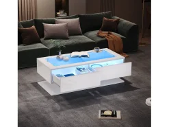 Mesa De Centro| Mesa de Centro Retangular - Mesa de Centro com Iluminação LED e 2 Gavetas - Tampo em Vidro - Branco