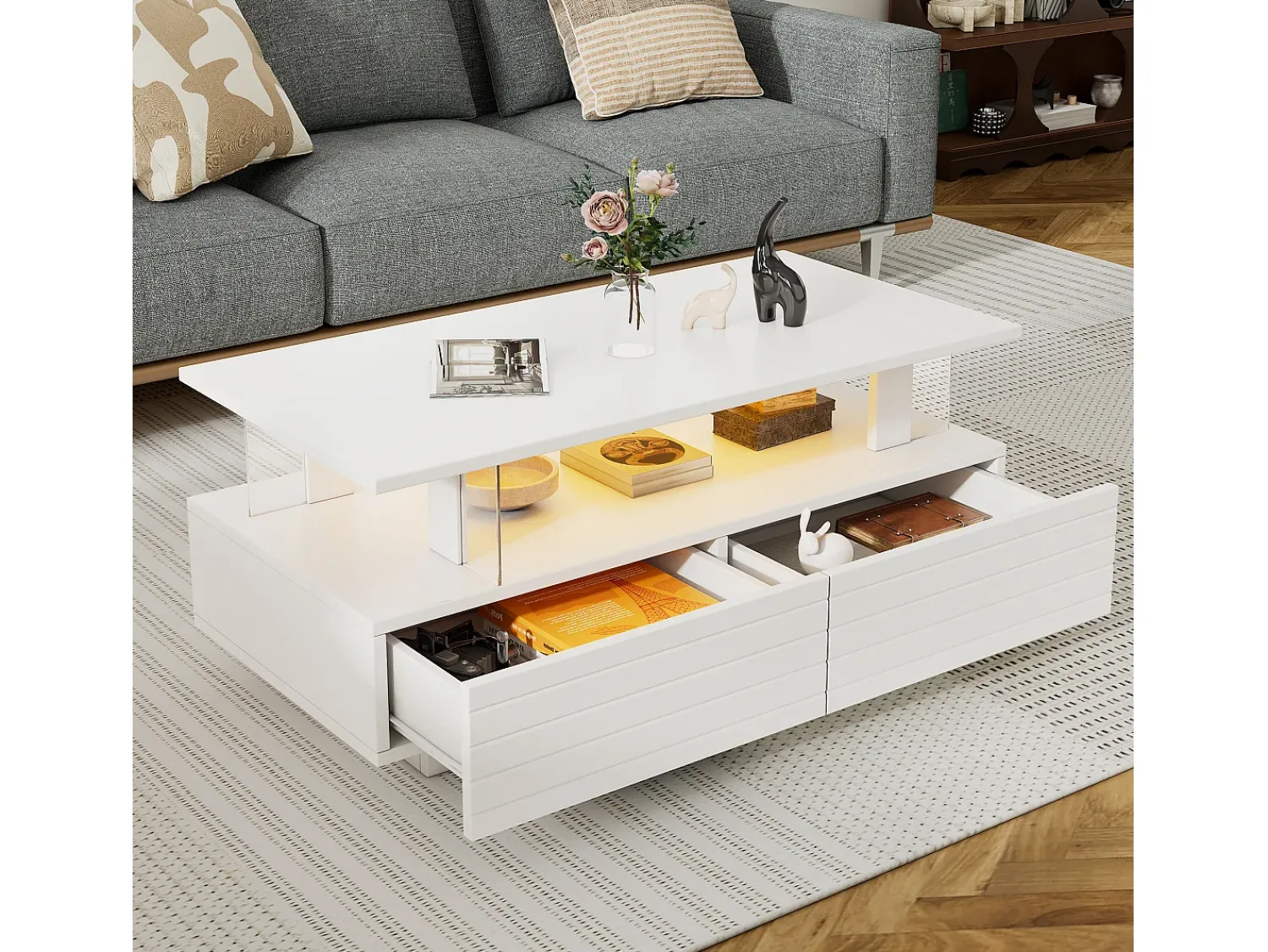 Mesa De Centro* Mesa de centro retangular branca - Mesa de centro com 2 gavetas e luzes LED - para sala de estar Branco
