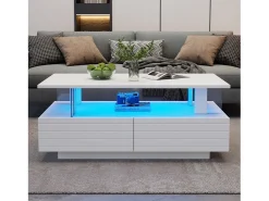 Mesa De Centro* Mesa de centro retangular branca - Mesa de centro com 2 gavetas e luzes LED - para sala de estar Branco