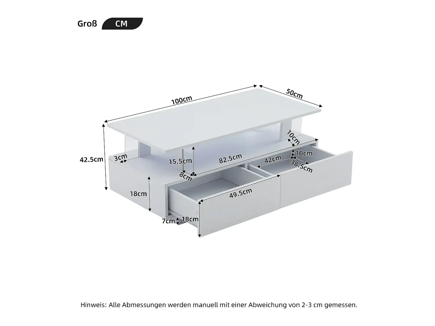 Mesa De Centro* Mesa de centro retangular branca - Mesa de centro com 2 gavetas e luzes LED - para sala de estar Branco