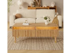 Mesa De Centro| Mesa de centro retangular em madeira - Mesa de centro com duas gavetas e luzes LED - para sala de estar Natural claro