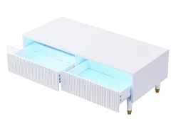 New Mesa de centro retangular branca - Mesa de centro com duas gavetas e luzes LED - para sala de estar Branco