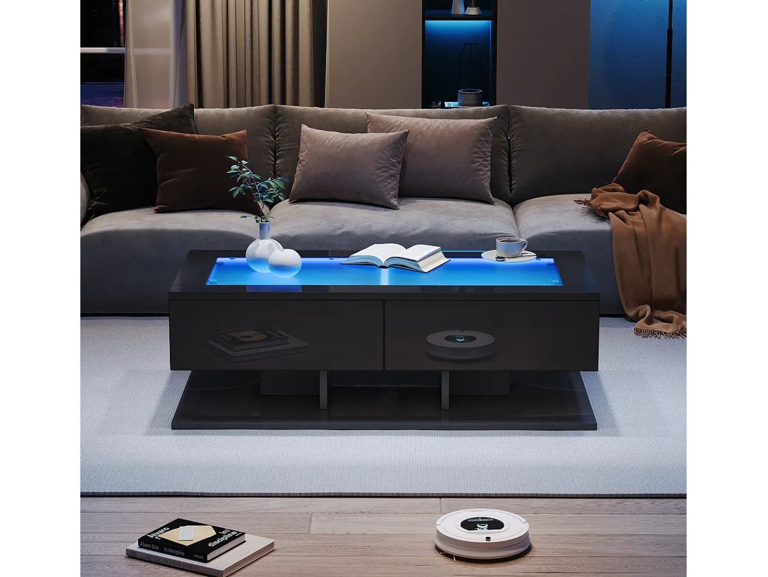 Mesa De Centro| Mesa de centro retangular - Mesa de centro com iluminação LED e 2 gavetas - Tampo em vidro - Preto